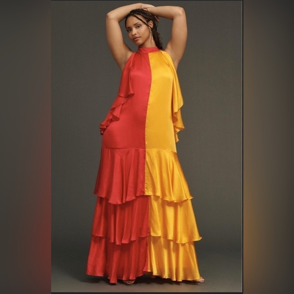 NWT Pinnacle by Shruti Sancheti Mock-Neck Colorblock Ruffle Dress